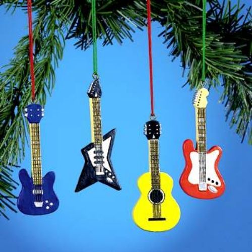 ( 4 ) GUITAR CHRISTMAS TREE HOLIDAY ORNAMENTS BASS ACOUSTIC ELECTRIC 